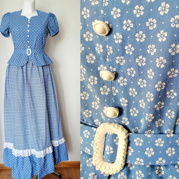 Vintage 1970s niebieska sukienka preriowa, ornament kwiatowy, styl wiktoriański, bawełna | rozmiar M średni, boho, folk, puffy, romantyczny