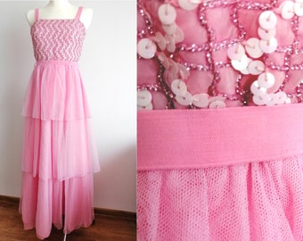 Vintage 70s does 60s, Vera Mont dress, ball gown, evening dress,dark and light pink rose|size S small to M medium,lace, flared,tulle, tiered