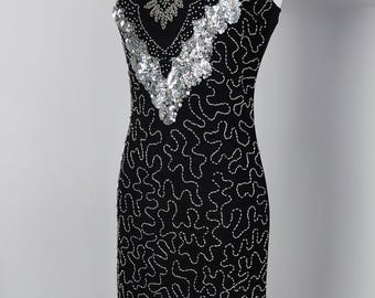 vintage zwartzilveren y2k-jurk, cocktailparty, maat S small XS extra small 34 36, delicaat, paillettenkralen
