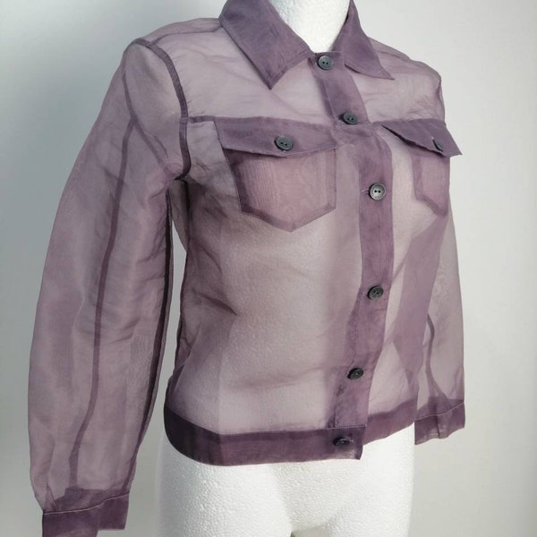 Calvin Klein Jeans 90s chaqueta transparente morada, violeta, blusa, corta, talla S pequeña a M mediana, rara, única, katana, glam rock, moda