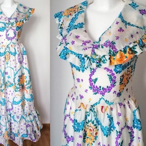 Robe vintage des années 70, style prairie, cantonnière, volants | taille M moyenne comme un hippi, ornement de noeud de fleur, robe romantique