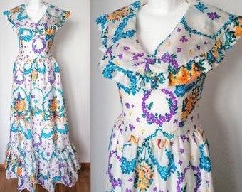 Vintege dress from 70s, prairie style,valance, fril | size M medium like hippi, flower bow ornament, romantic dress