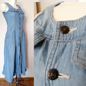 Vintage Jeans 90er Jahre Blue Jeans Kleid, Lobg, mittellang, lässig, Tageskleid| Größe S small, Knöpfe, XS 32 34
