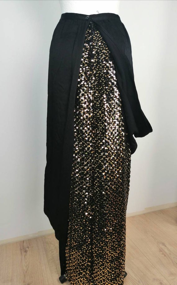 Vintage black long skirt 70s , ball, gown, gold a… - image 5