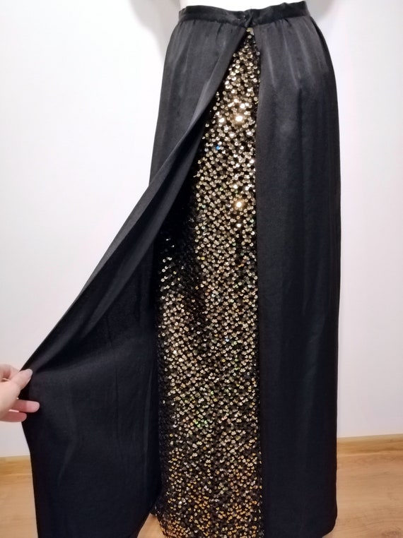 Vintage black long skirt 70s , ball, gown, gold a… - image 2