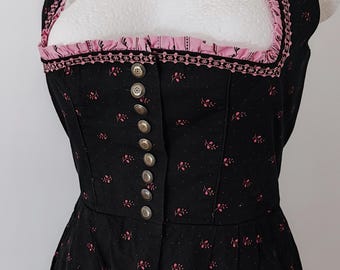 vintage jaren 80 zwart roze, schattig, lief, donkere lolita, dirndl, bawaria, trachten, beieren, prairie, onderborst, maat L large,