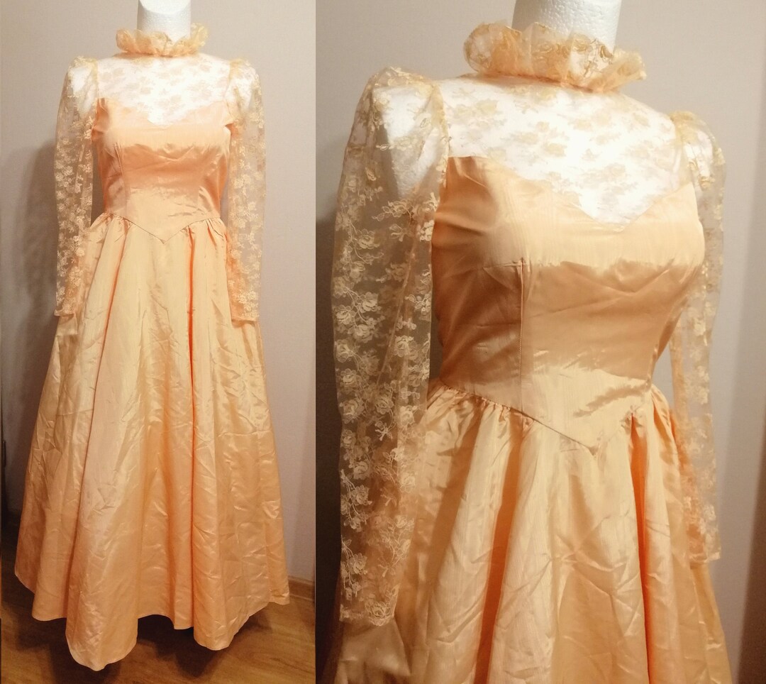 Vintage Peach 80s Gown Ball Dress Puffy Sleeves Like Etsy