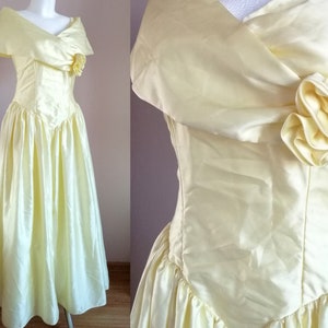 Vintage yellow cream 90&#39;s ball gown, prom dress, long vintage dress, off shoulders |size S small to M medium