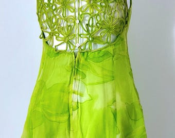 Limoengroene bloemen mini-jurk macramé kanten achterkant, zomerjurk voor bruiloftsgast, Y2K zijden cocktailjurk, bloemenjurk met open achterkant, maat M medium