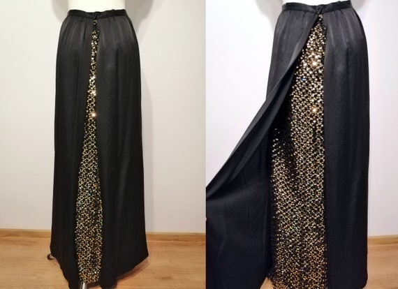 Vintage black long skirt 70s , ball, gown, gold a… - image 1