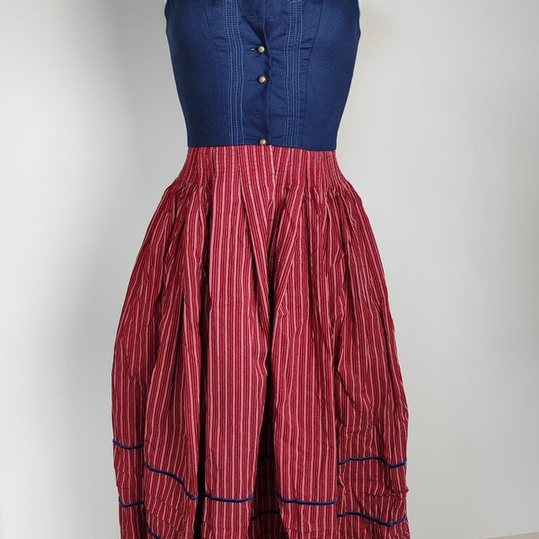 Vintage Bawarer Dirndl, 70er 80er Jahre, blau, blau, gestreift, blau, blau, gestreift, blau, rot, blau, Folk, Prärie, 34, 32, Baumwolle