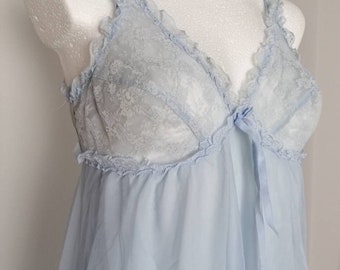 Vintage 80s long night dress, pyjama, blue, baby blue, retro, romantic, delicate, night gown, frills, lace  S small M medium, XS extra small