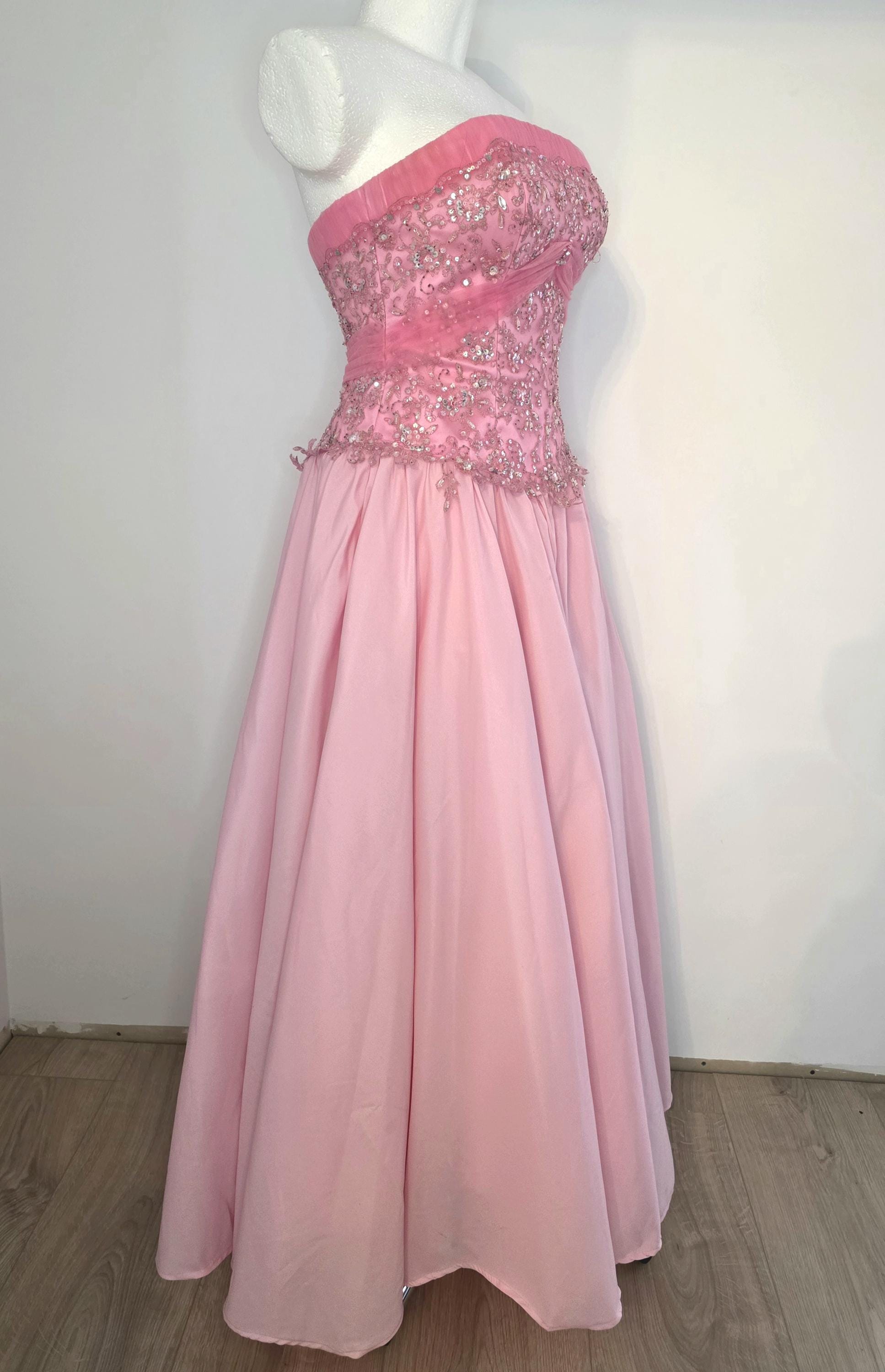 pink 2000s prom dress Color:WISTERIA CHERRY BLOOMS Red Satin Buckle Strap Full Length Sleeve Style Petite Friendly