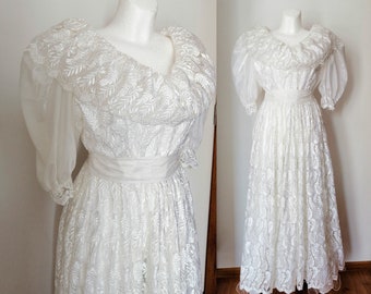 robe vintage des années 80, robe de mariée, robe de mariée blanche, dentelle, fleurs, robe romantique, robe victorienne, | taille S petit à M moyen