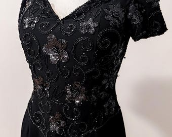 Vintage zwarte avondjurk jaren 90 met kralen | Schouderloze maxi-jurk | Elegante cocktailpartyjurk L Large kleiner XL extra Large