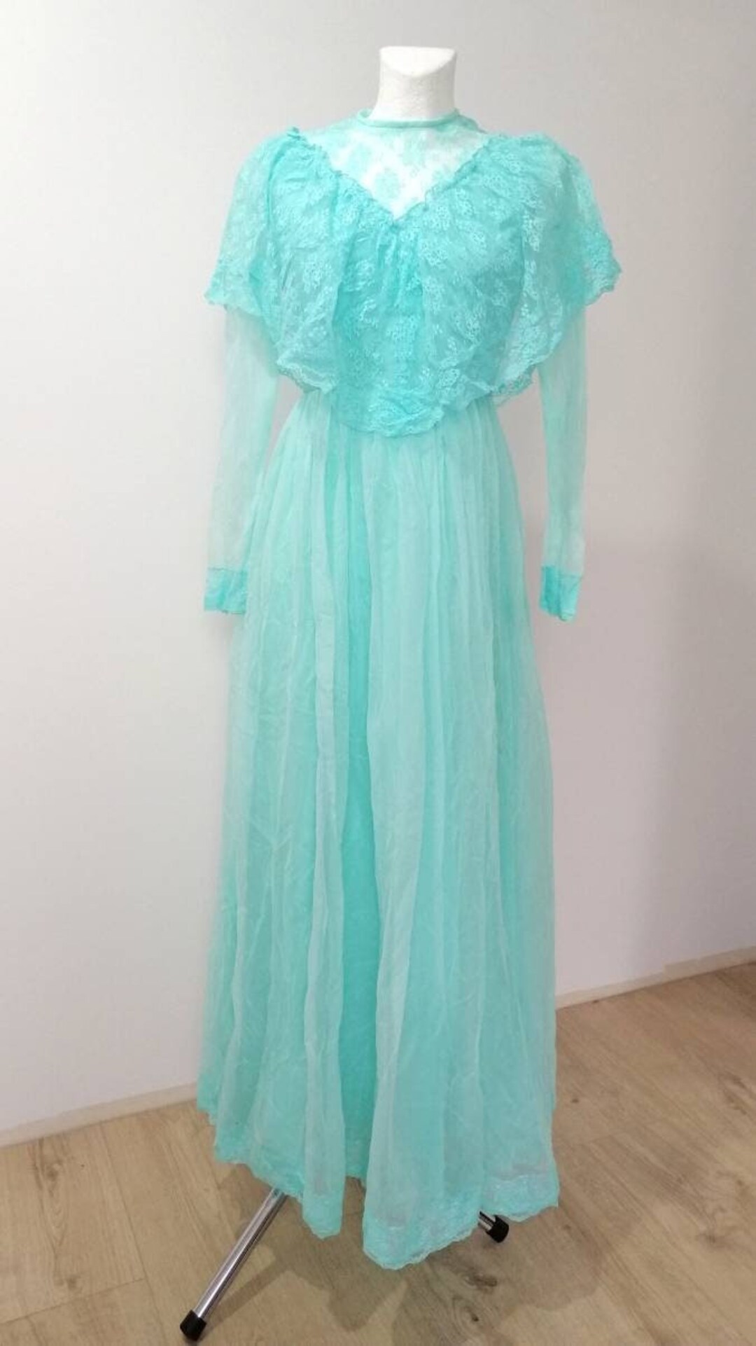 Vintage 70s Long Dress, Turquise, Light Blue, Pronuptia De Paris
