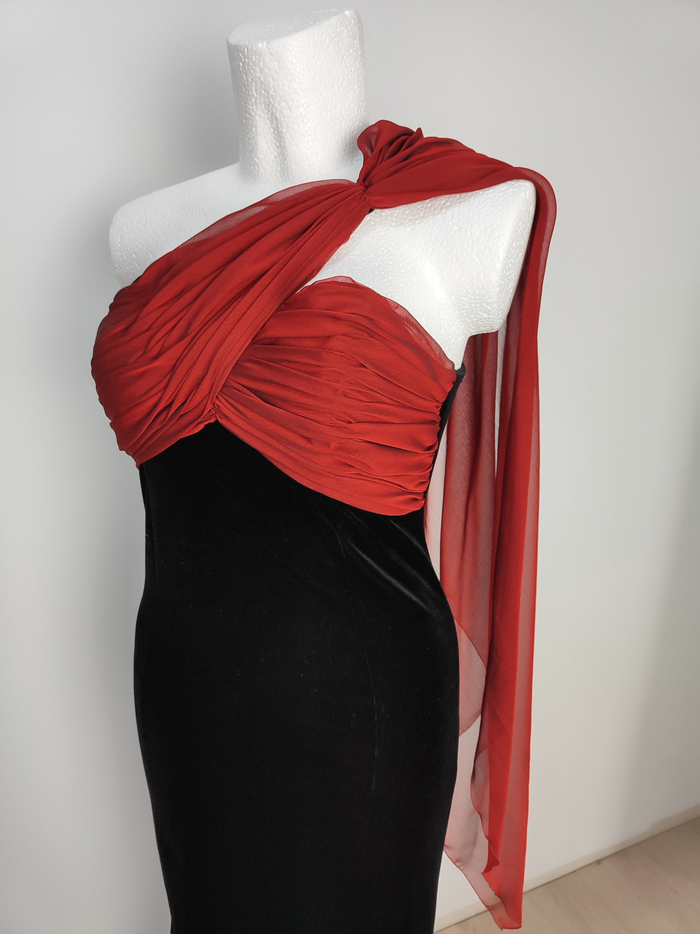 Vintage Long 80s Black Red Dress Elegant John Charles Evening Formal Shimmering Size L Large Velour Etsy UK