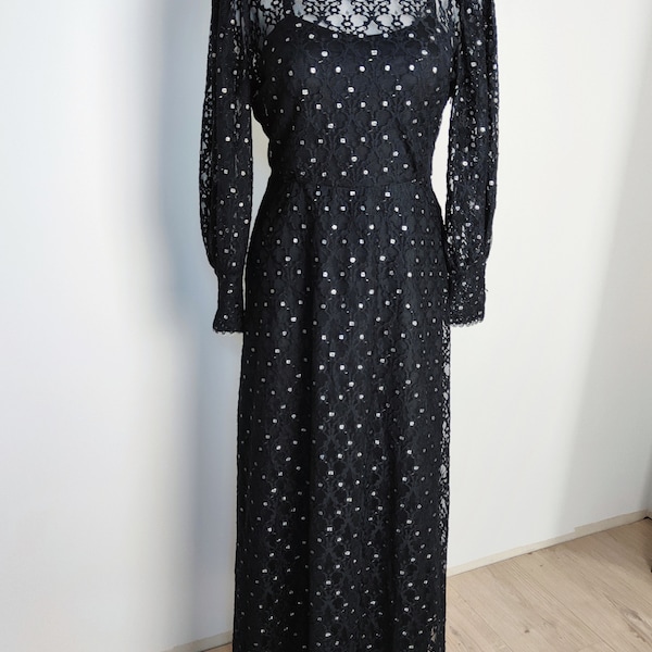 Vintage Schwarz elegant 1970er, 70er, langes Kleid, Silber, schwarz, minimalistisch, dunkel, Größe L large XL extra large, Boho, Party, Cocktail, dots