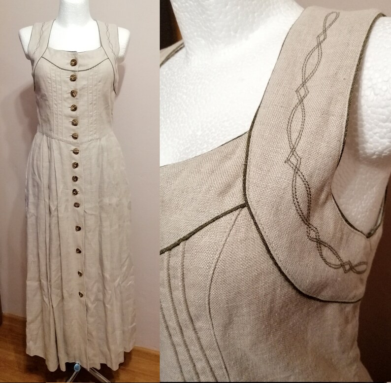 dirndl linen dress Vintage bavarian prairie dress size M medium beige naturall dress