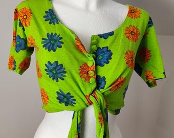 vintage neonbloemen uit de jaren 90, maat S small tot M medium, kitch, good vibes, summer, happy, hippie, retro, crop top, kort shirt