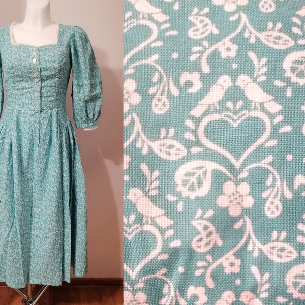 Vintage folk lat 70-tych 80-tych, etno, sukienka preriowa, bawełna, błękitna sukienka turquise | rozmiar S samll do M średni