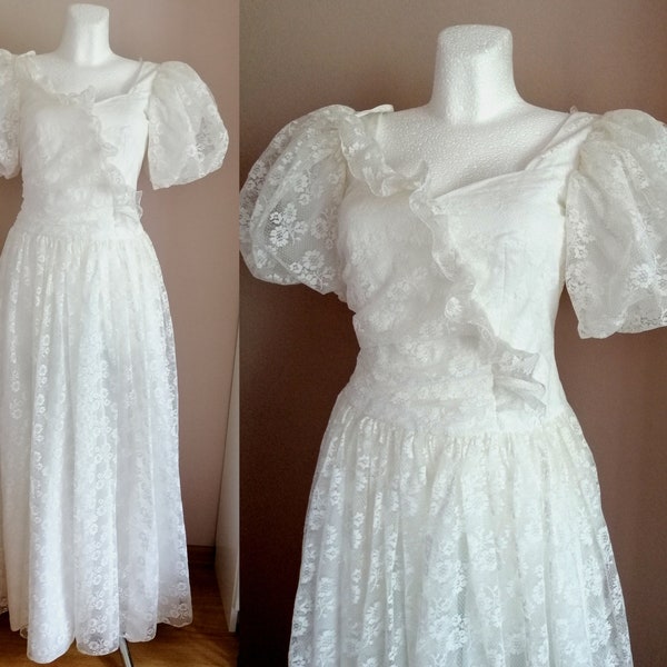 robe vintage robe de mariée des années 80, dentelle florale, volants, robe de mariée | taille S petit à M moyen, romantique, manches bouffantes