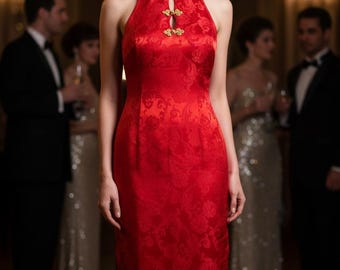 Cheongsam rood, jaren 90 ornament goud sexy sensueel elegant L Large XL extra Large y2k lange jurk feest bal bloemenjurk lang maxi