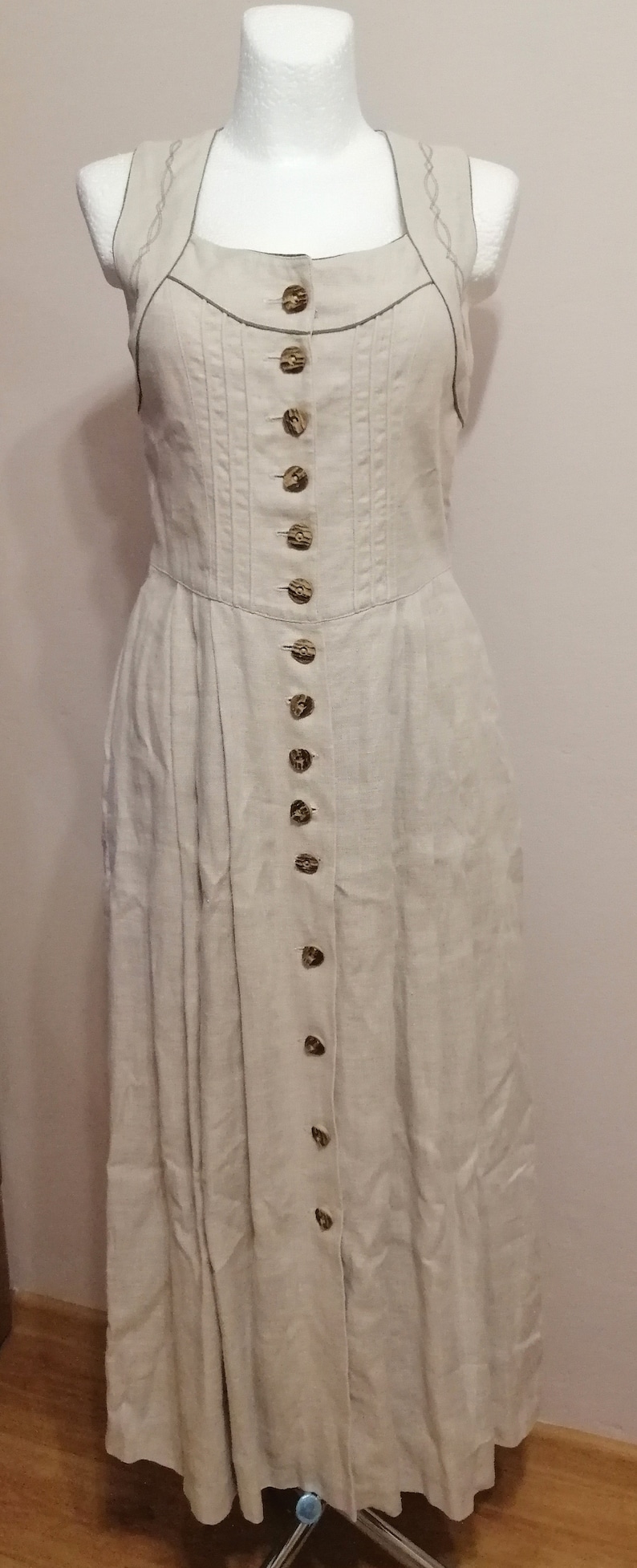dirndl linen dress Vintage bavarian prairie dress size M medium beige naturall dress