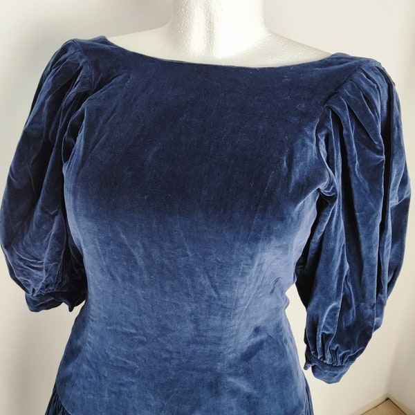 robe vintage 8Os en velours bleu marine, bleu marine, fait main, style victorien, grande taille L à XL, longueur moyenne, romantique, bouffante, bleu marine foncé