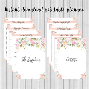 May include: Printable wedding planner with floral illustrations. The planner includes sections for the wedding cake, photographer comparison, hair and makeup tips, suppliers, contacts, bridal party contacts, and guest address book.