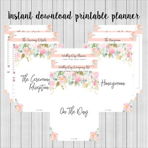 May include: Printable wedding planner with floral illustrations. The planner includes sections for the ceremony details, reception, wedding day planner, wedding day emergency kit, honeymoon, and on the day.