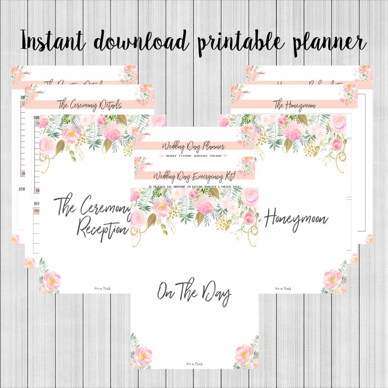 May include: Printable wedding planner with floral illustrations. The planner includes sections for the ceremony details, reception, wedding day planner, wedding day emergency kit, honeymoon, and on the day.