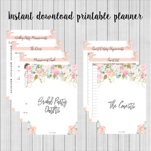 May include: Printable wedding planner checklist with floral borders. The pages include sections for wedding party measurements, guest dietary requirements, and a guest list.