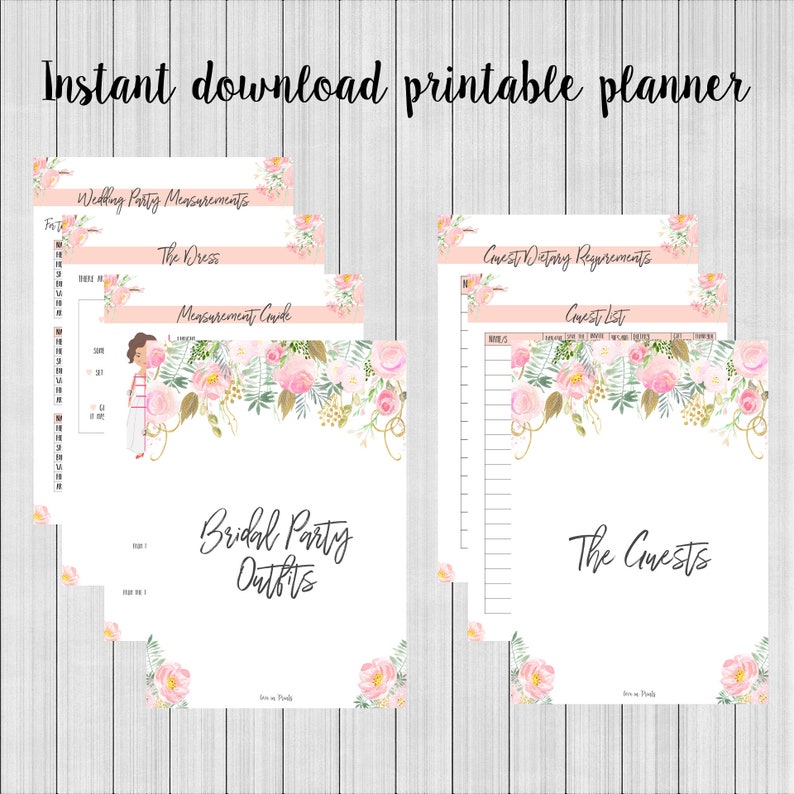 May include: Printable wedding planner checklist with floral borders. The pages include sections for wedding party measurements, guest dietary requirements, and a guest list.