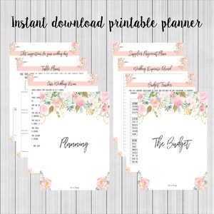 May include: Printable wedding planner with floral illustrations. The planner includes sections for wedding budget, table plans, supplier payment plan, and wedding expense record.