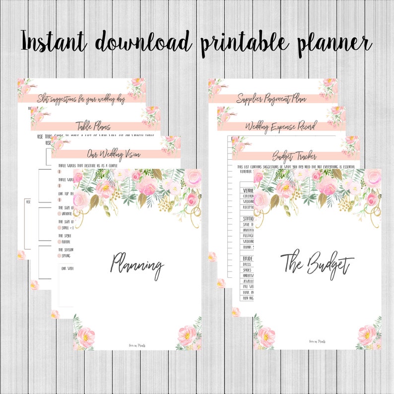 May include: Printable wedding planner with floral illustrations. The planner includes sections for wedding budget, table plans, supplier payment plan, and wedding expense record.