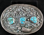 Antique old pawn Navajo Turquoise and Sterling silver belt buckle, big and heavy 3 fine Morenci turquoise stones. Marked TC. Great patina