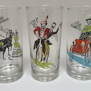 Set of 3 Mid Century Gay Nineties Glasses from Anchor Hocking, Gay 90s, The Hansom, Gas Buggy, Bicycle for Two, Bar Glasses, Tumblers