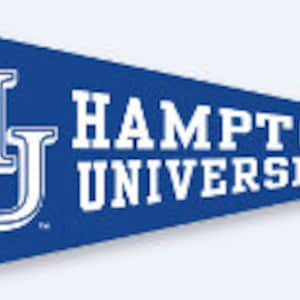 May include: A blue pennant with white lettering that reads "Hampton University" and a white "HU" logo.