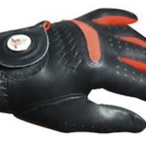 May include: Black leather golf glove with red accents and a white logo on the wrist strap.