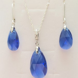 925 Sterling Silver Crystal from Swarovski Majestic Blue Pear Earring and Necklace, Silver Lever back Earrings, bridal Jewelry bridesmaid