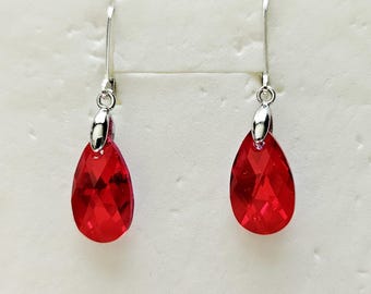 925 Sterling Silver Crystal from Swarovski 16mm Light Siam Shimmer Pear Lever back Earrings, January birthstone, bridal