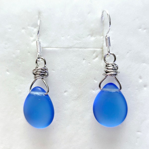 Blue Czech Sea glass Teardrop Earrings, Messy Wire Wrapped Sapphire Matte Dangle Earrings, 925 Sterling Silver glass drop Earrings