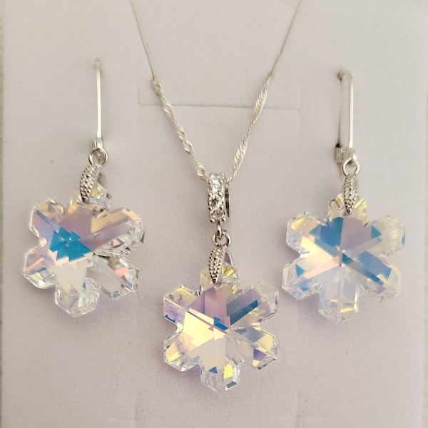 925 Sterling Silver Crystal from Swarovski 20mm Snowflake Crystal AB Necklace and Sterling Silver Lever Back Earrings