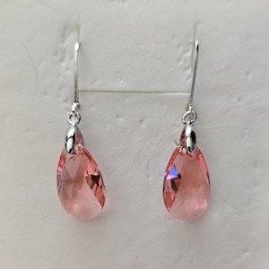Crystal from Swarovski 16mm Rose Peach pear shaped Earrings, 925 Sterling Silver Lever back Earrings, bridal Jewelry bridesmaid