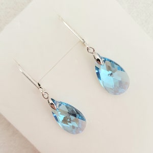 Crystal from Swarovski 16mm Aquamarine Shimmer pear shaped Earrings, 925 Sterling Silver Lever back Earrings, bridal Jewelry bridesmaid