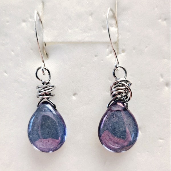 925 Sterling Silver Purple Blue Earrings, Czech Glass 16mm Transparent Amethyst Luster Pear Drop Earrings, Messy wire wrapped Earrings