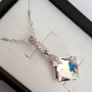 Swarovski Elements 16mm  Crystal AB Princess Cut Necklace, 925 Sterling Silver 18 inches Chain, bridesmaid Jewelry,