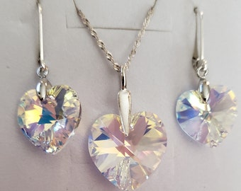Kristal van Swarovski Hart Crystal AB 925 sterlingzilveren ketting en 925 sterlingzilveren oorbellen, bruidssieraden bruidsmeisje