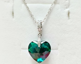 925 Sterling Silver necklace Crystal from Swarovski 15mm Heart Cut Pendant Emerald Shimmer Necklace, May Birthstone, bridal, bridesmaid